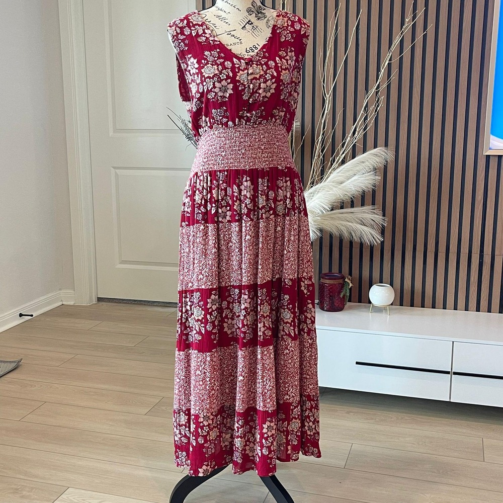 J. Lee Floral Maxi Dress Smocked Waist Sleeveless Casual Red S Feminine Boho